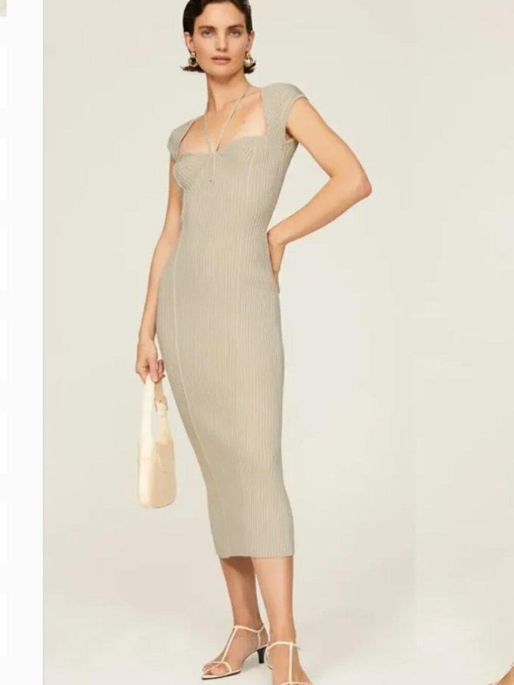 Jonathan Simkhai Florence Dress Ribbed Knit Cap Sleeve Sheath Midi Beige XS